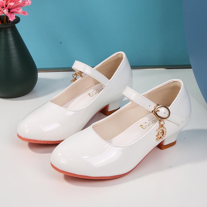 Girls' White Leather High Heels - New 2025 Princess Dance Shoes for Students, Sizes 25-40