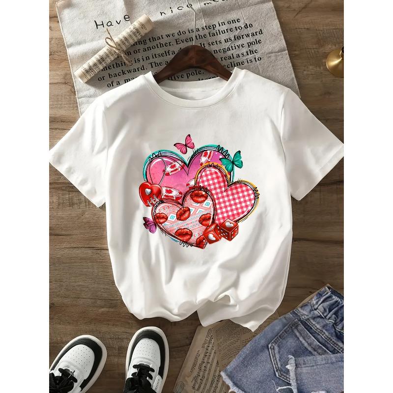 

European Size Plus Size, Women s Valentine s Day Heart & Butterfly Graphic T-Shirt - Casual, Round Neck, Short Sleeve with Colorful Print 4XL