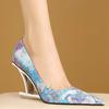 Pumps Women Shoes Flower Totem Slip-On Shallow Shoes Wedding Party Pointed Toe High Heels Pump Femme Special-shaped Heel