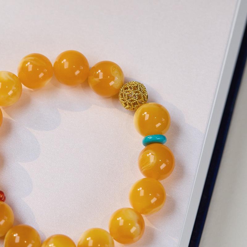 Second-generation Amber Bracelet for Men and women12MM Chicken Oil Yellow Beeswax Gourd Ornament Light Luxury Niche Exquisite Fortune Bracelet