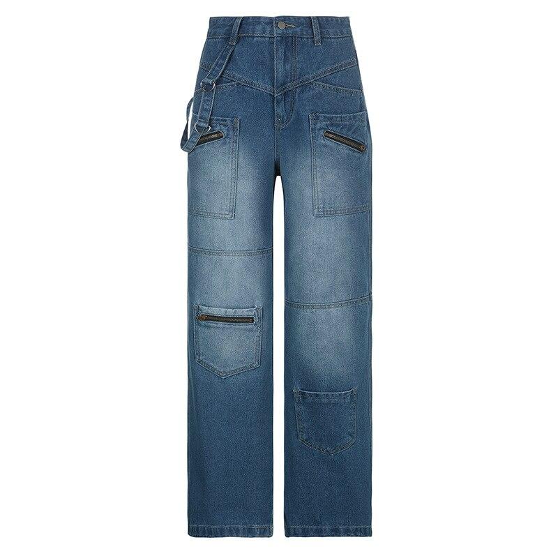 Autumn High Waist Button Up Straight Pants Retro Baggy 90s Denim Cargo Pants Fashion Vintage Harajuku Streetwear Jeans Women