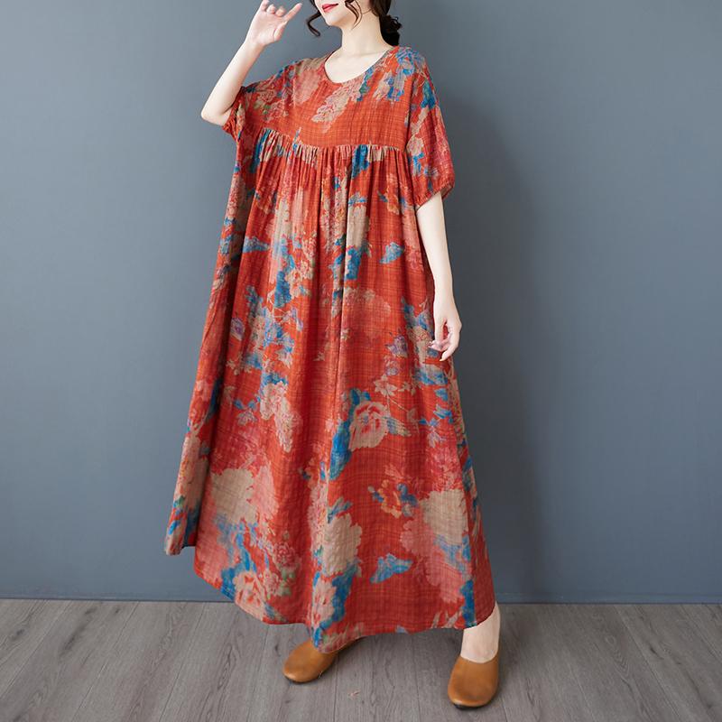 DIMANAF 2025 Women Plus Size Vintage Summer Dress Floral Short Sleeve Casual Basic New Printing Dress Loose Long Dress