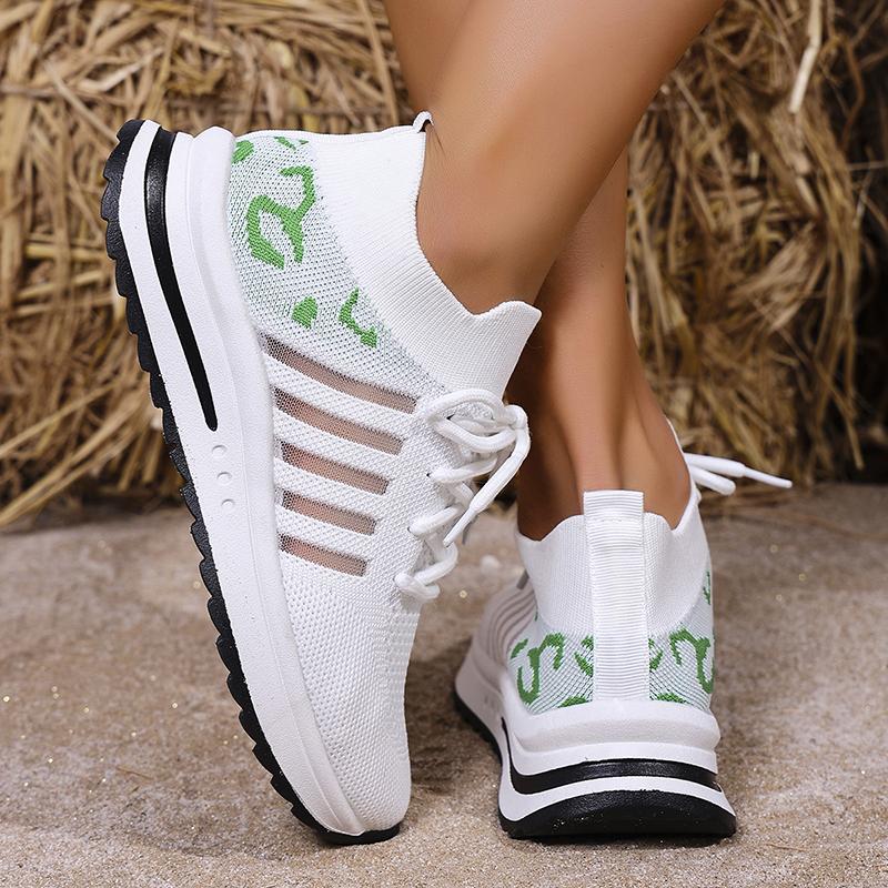 Fashion 2025 Hollow Out Breathable Sneakers Women Plus Size Printed Thick Sole Walking Shoes Woman Comfortable Knitted Flats Female