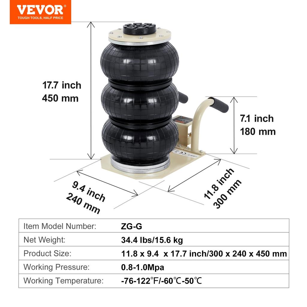 VEVOR Air Jack, 3 Ton/6600 lbs Triple Bag Air Jack, Airbag Jack with Six Steel Pipes, Lift up to 17.7 inch/450 mm, 3-5 s Fast Lifting Pneumatic Jack