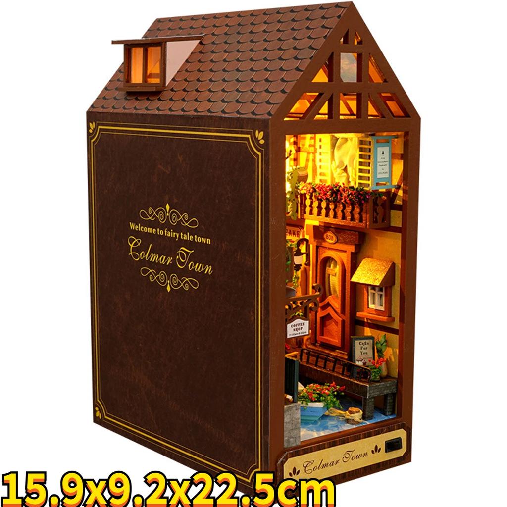 DIY Book Nook 3D Wooden Puzzle Miniature Doll House Kit With Warm Light Creative Bookshelf DIY Booknook Toy Xmas Gift Home Decor
