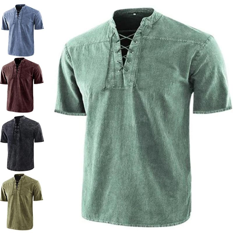 T-shirt à manches courtes et col en V pour homme, haut uni, décontracté, à lacets