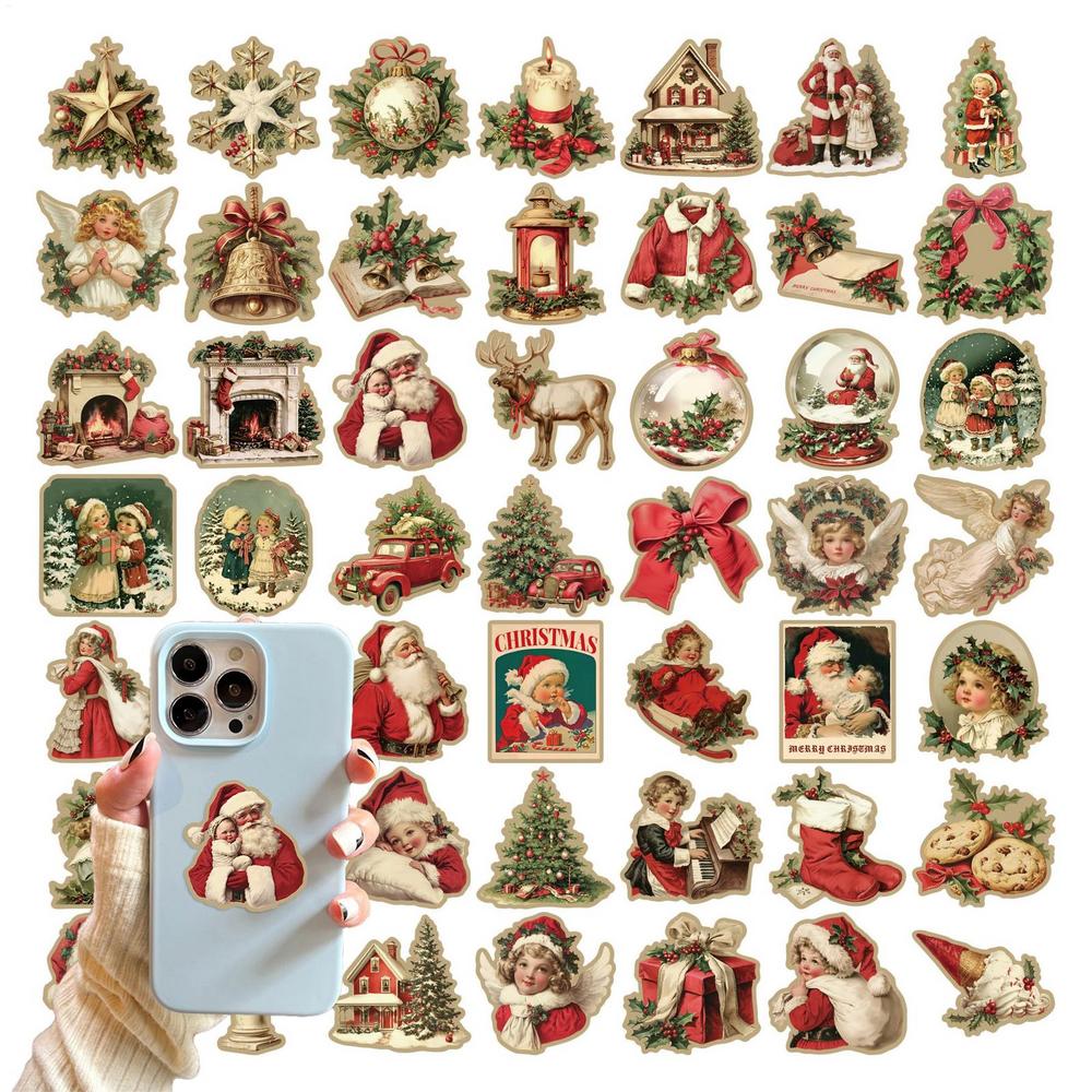 

50PCS Creative Retro Christmas Stickers Phone Case Decoration Notebook PET Transparent Material Personalized Stickers