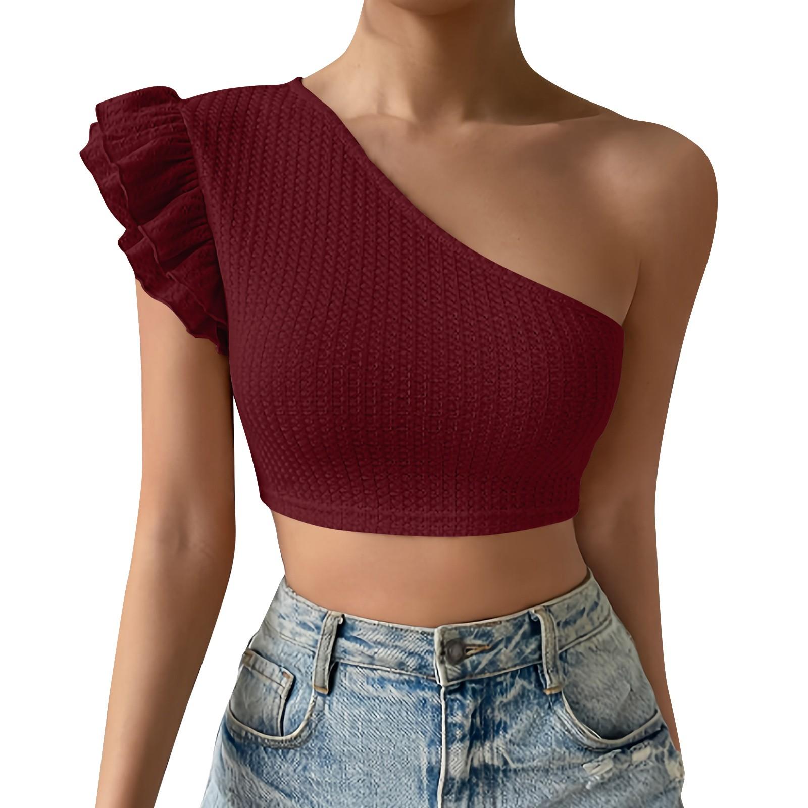 

Новые летние вязаные топы Короткие топы на одно плечо с рюшами XS винный