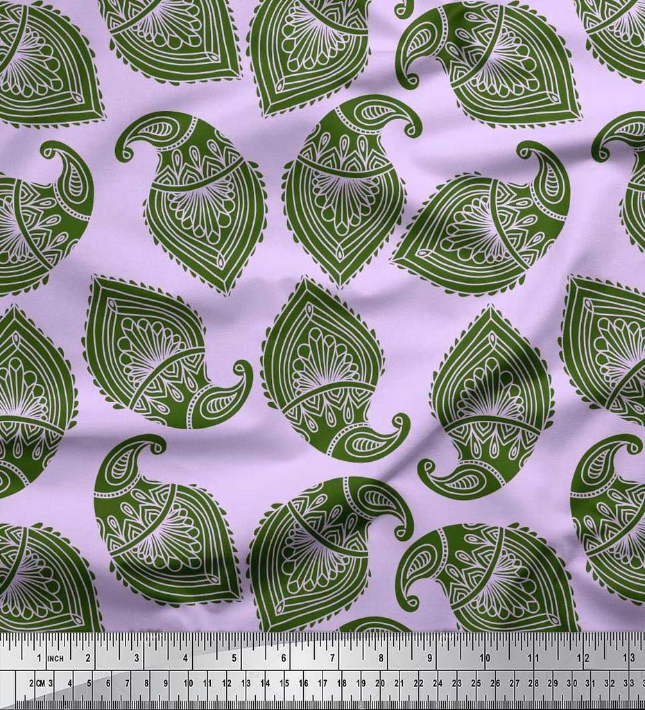Soimoi Blue Japan Crepe Satin Fabric Green Paisley Printed Craft Fabric by the metre 42 Inch