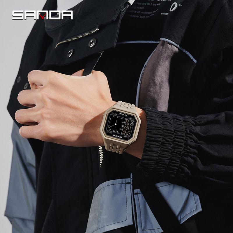Sanda Creative Square Multifunctional Dual Display Student Watch - Countdown, Alarm, Waterproof, Trendy Electronic Timepiece.