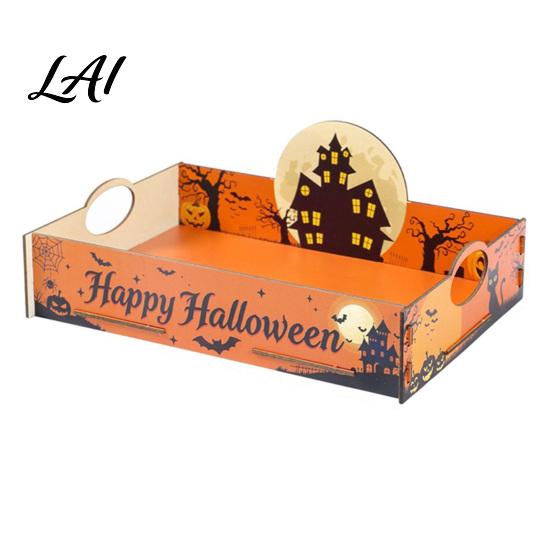 Castle Pattern Dish Halloween Witch Decorative Wood Serving Tray with Handle Ghost Pumpkin Seasonal Display Stand Trick or Treat Dessert for