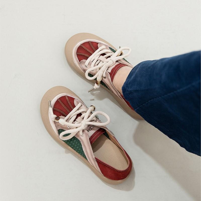Johnature Mixed Colors Casual Lace-up Flats Genuine Leather Versatile Soft Soled Women's Shoes