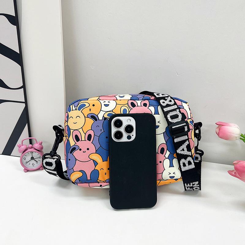Fashion Cartoon Bunny Print Crossbody Bag with Wide Printed Strap, Casual Nylon Shoulder Purse for Daily Teens Use Wallets