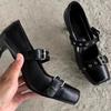2025 New Black 7cm High Heels Sandals Metal Buckle Rivets Ballet Shoes Spicy Girl Square Toe Shoes PU Autumn Women's Shoes 35-39