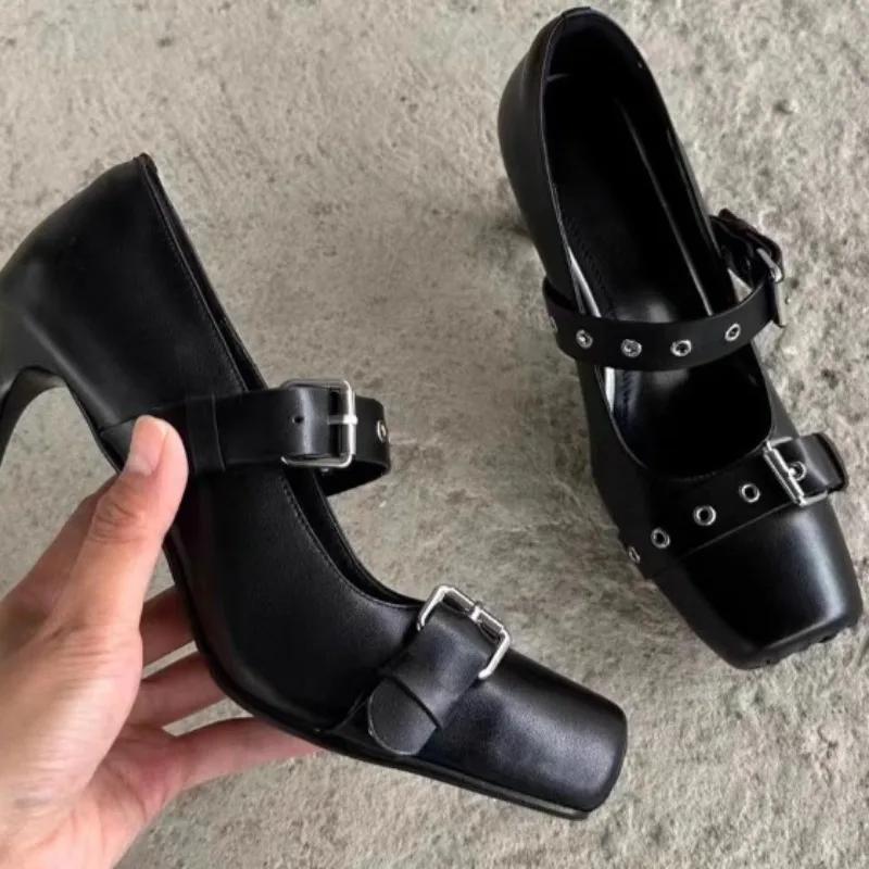 2025 New Black 7cm High Heels Sandals Metal Buckle Rivets Ballet Shoes Spicy Girl Square Toe Shoes PU Autumn Women's Shoes 35-39