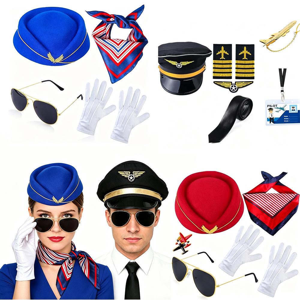 Women's Flight Attendant Cosplay Costume Accessory Set Men Flight Attendant Costumes Accessory Cap Sunglasses Tie Halloween Suit