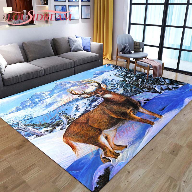 3D Cartoon Deer Rug Wildlife Mountain Landscape with Forest Carpet for Home Living Room Elk Carpet for Laundry Kids Play Carpets