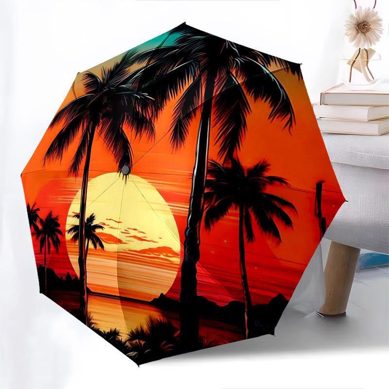 1pc Tropical Sunset with Palm Trees Umbrella with Plastic Handle,Compact & Stylish,Cartoon Pattern,Outdoor UmbrellaPT443