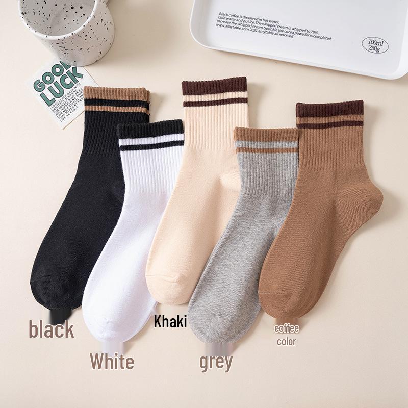 Langsha Women's Thick Striped Mid-Calf Socks for Autumn and Winter - Available in Black, White, Grey, Brown, and Beige.