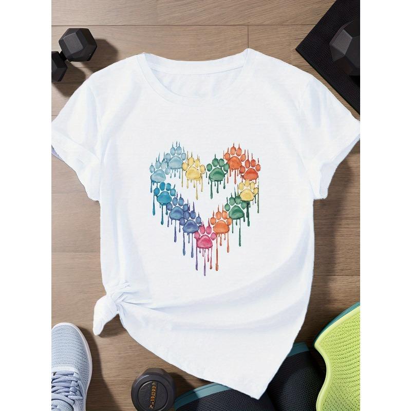 

European sizes Heart paw prints Women s Plus Size Sports Short Sleeve T-Shirt S белый