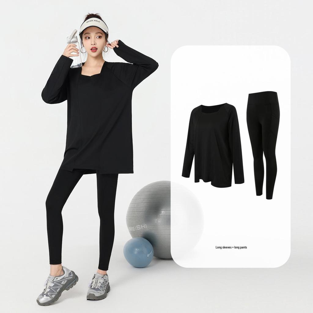 2026 Spring/Autumn Women's Plus Size Yoga Set - Loose Fit Long Sleeve Top & Skinny Tights Fitness Ensemble