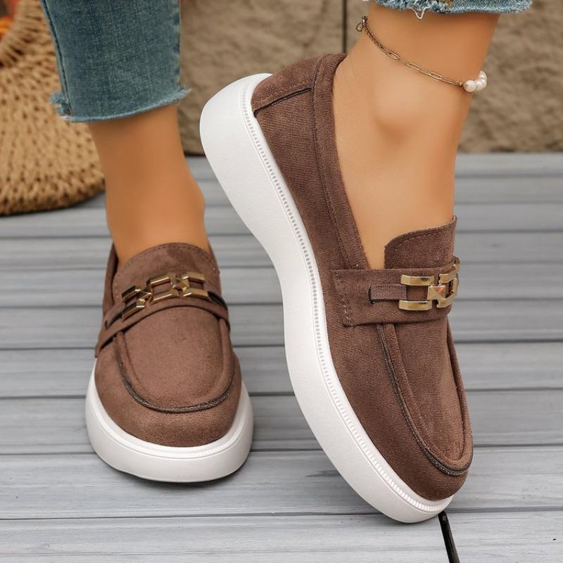Women's Fashi Faux Suede Loafers Metal Buckle Slip Thick Sole Platform Sneakers Casual Comfort Daily Walking Shoes Lady