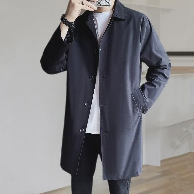 Beige Men's Mid-Length Windbreaker: Spring/Autumn, Large Size, Business Casual, Versatile Lapel, Loose Fit for Middle-Aged and Elderly.