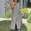 Button Down Short Sleeve Split Hem Maxi Dress Cotton Linen Solid Color Casual Loose Pocket Collared Oversized Summer Dress For Women