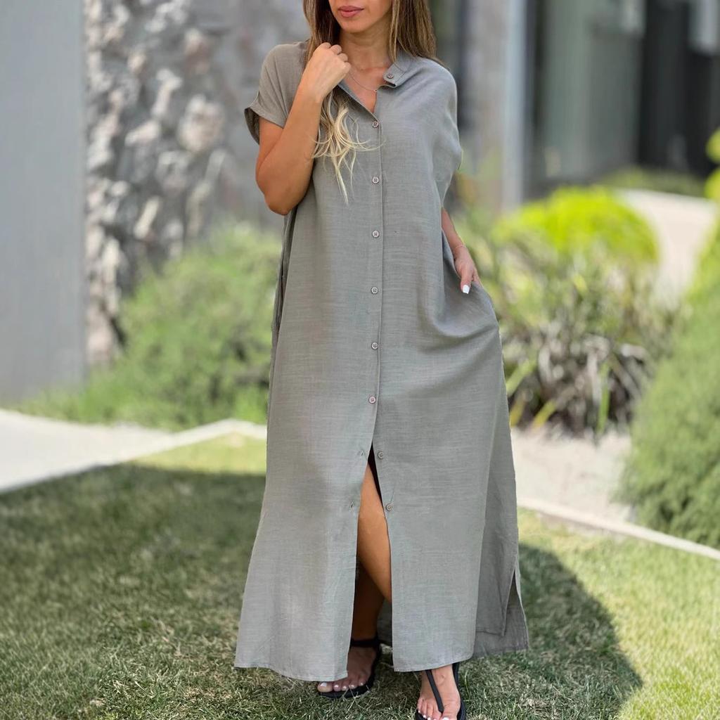 Button Down Short Sleeve Split Hem Maxi Dress Cotton Linen Solid Color Casual Loose Pocket Collared Oversized Summer Dress For Women