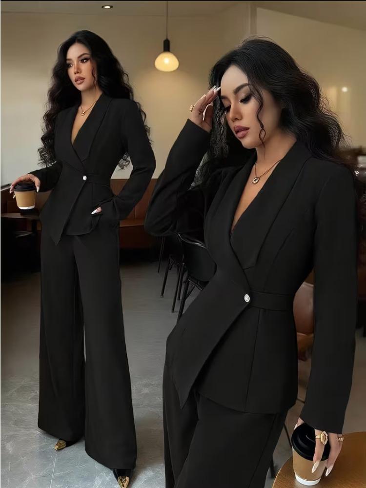 Women's Tailored V-Neck Blazer and Wide Leg Pants Suit Set