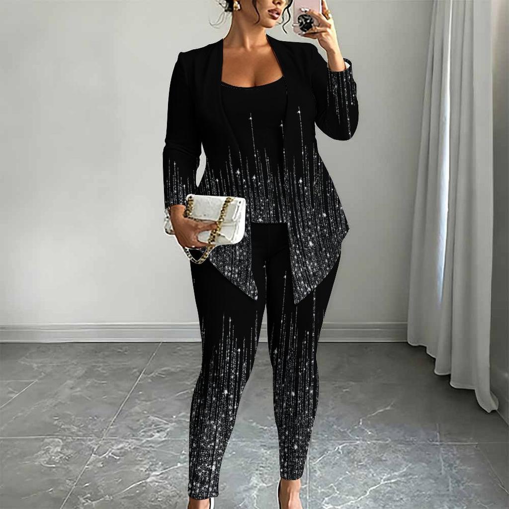 Plus Size Sommerfuglprint 3-delt Antrekk, Langermet Åpen Cardigan, Topp og Leggings Sett for Kvinner