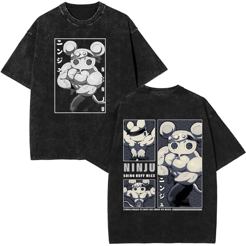 Washed Vintage Ninja Muscular Mice Muscle Gym Mouse Fitness Tshirt Anime Demon Slayer Uzui Tengen Tshirts Mens Cotton T Shirt S