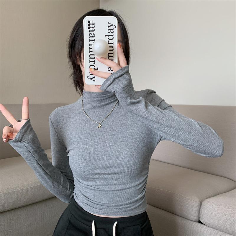 Women's Mock Neck Long Sleeve Crop Top Slim Fit Solid Ribbed Knit Thermal Layering Blouse Winter Commute Base Shirt
