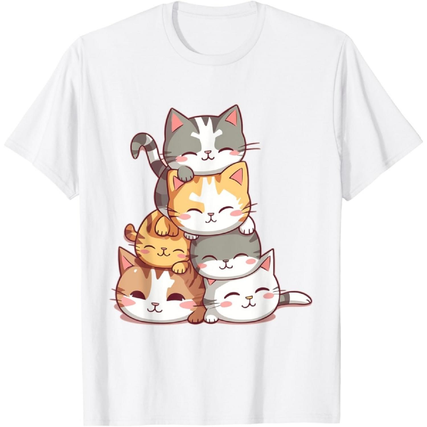 Cat Cute Kitty Pile Cats Anime Kawaii Neko Women Girls T-Shirt(1) S