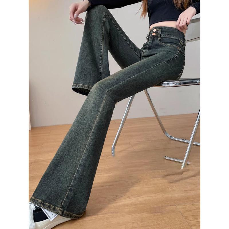 Cement Gray High-Waisted Micro-Flare Jeans with Fleece Lining for Women - Autumn/Winter 2023 Slimming Style.