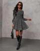 Elegant Autumn Patchwork Waist-Cinching Denim Dress - Long-Sleeved for Women