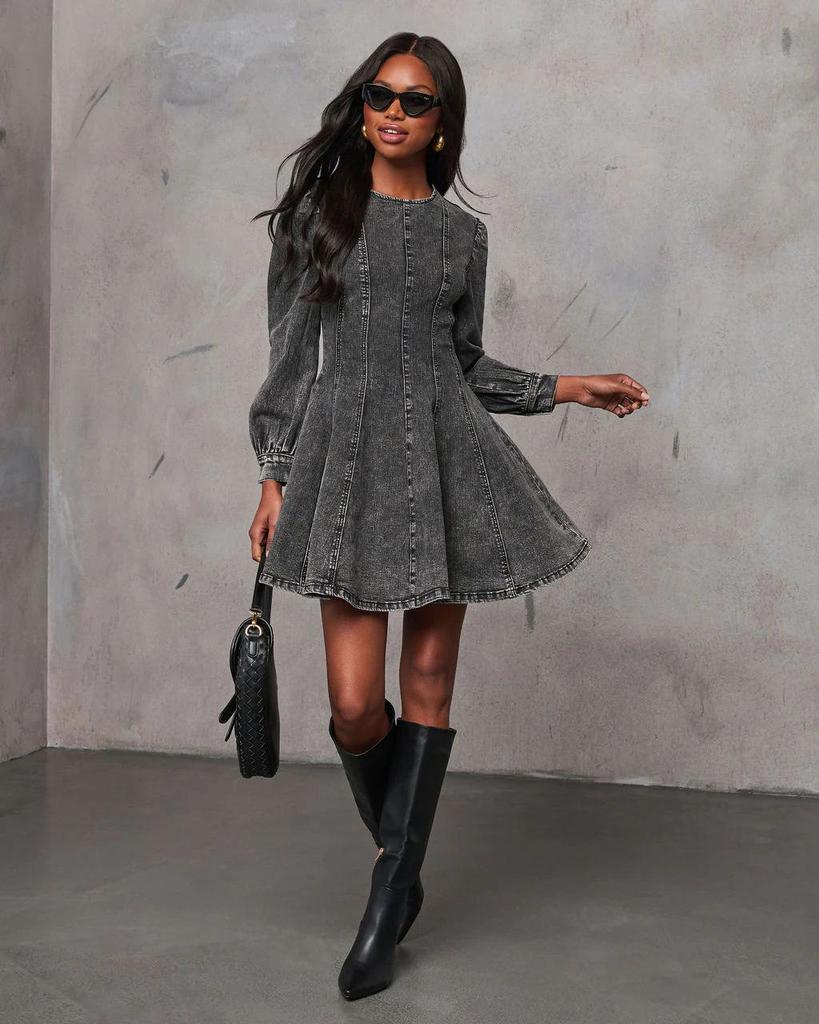 Elegant Autumn Patchwork Waist-Cinching Denim Dress - Long-Sleeved for Women