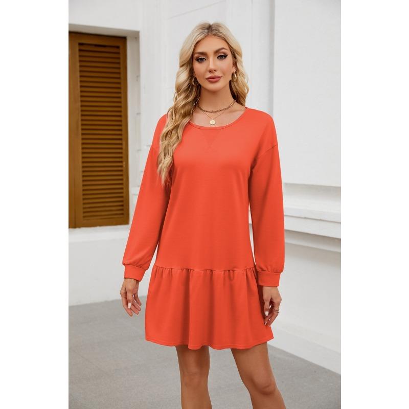 Popular Women's Clothing with Crossed Round Neckline Long Sleeved Casual Hoodie Dress