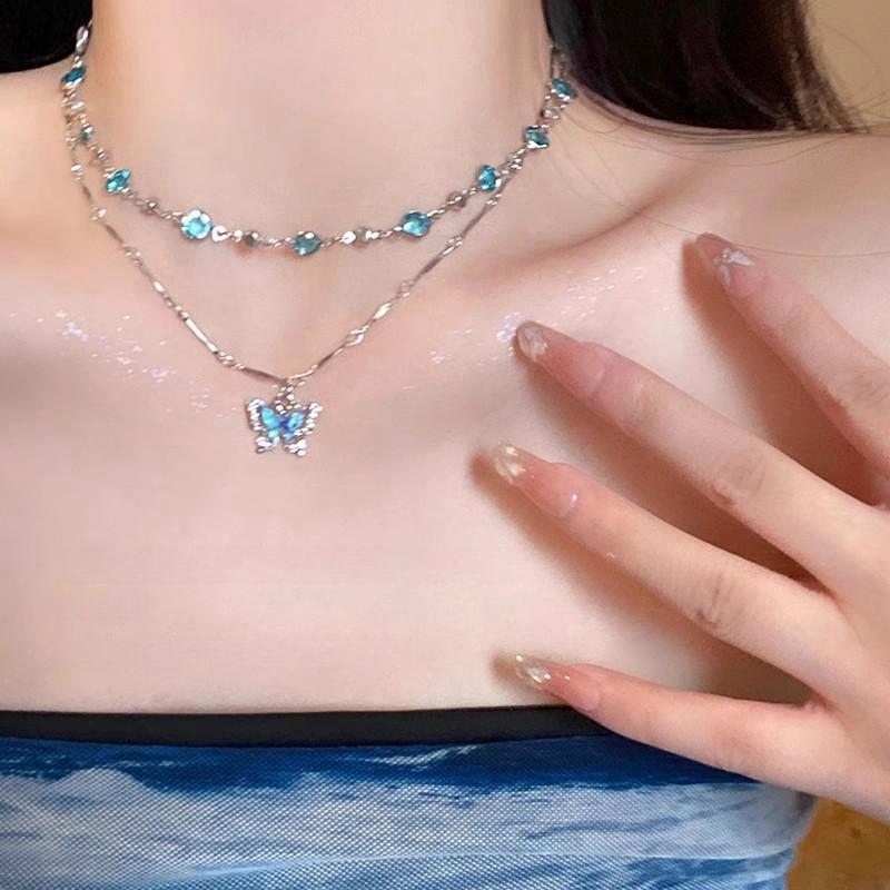 Romantic Blue Butterfly Necklace For Women Girls Simple Shiny Zircon Bilayer Choker Clavicle Chain