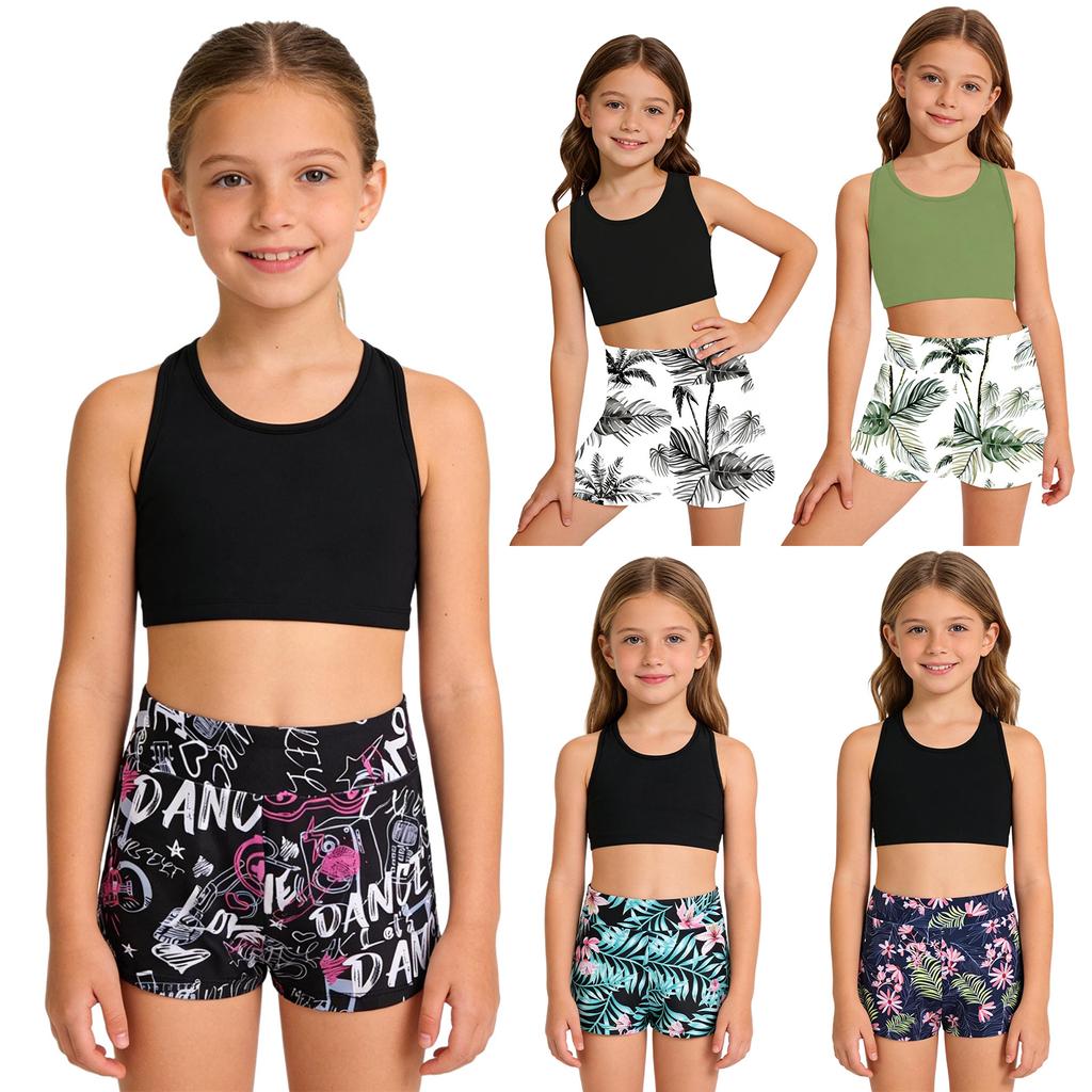 Girls Bathing Suit Set Sleeveless Round Neck Crop Top Wide Elastic Waistband Shorts Beach Swimming Outfit