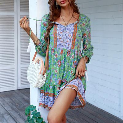 Dámské květinové boho šaty pro volný čas s dlouhým rukávem splývavé krátké šaty s volným výstřihem do V, s knoflíkem dolů šaty do áčka, mini plážové letní šaty