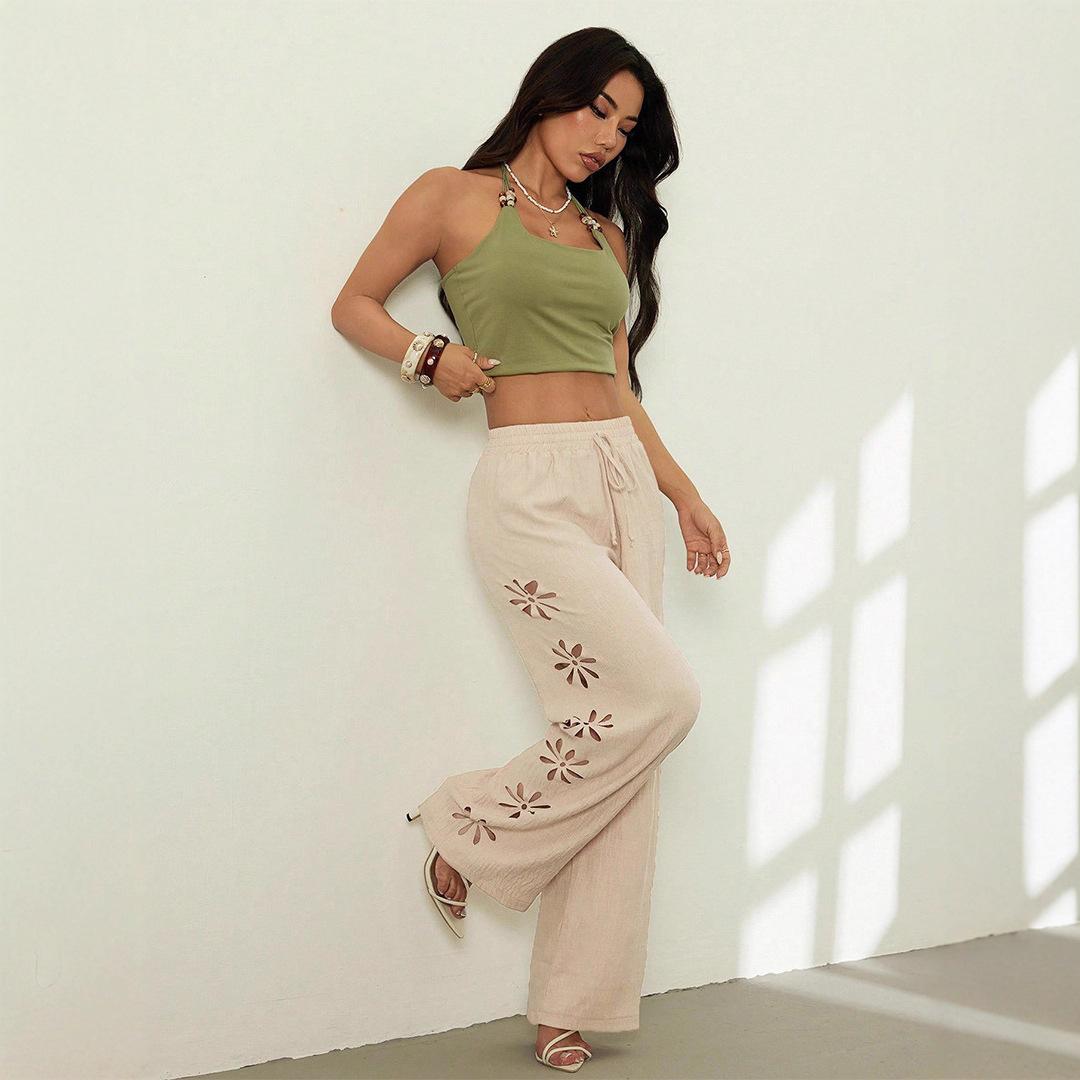 

Новые повседневные брюки простого стиля, на шнуровке, однотонные с вырезами, свободные брюки с широкими штанинами для женщин XXL абрикосовый