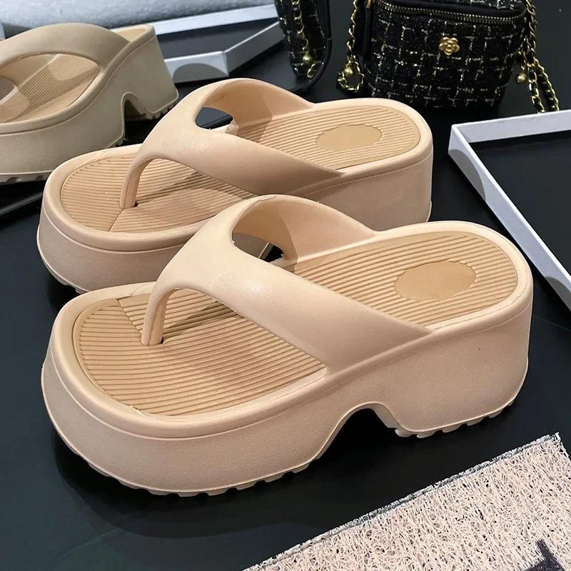 Fashion 2025 Eva Thick Platform Women's High Heeled Slippers Street Slides Outdoor Flip Flops Light EVA Comfortable Heightening Shoes