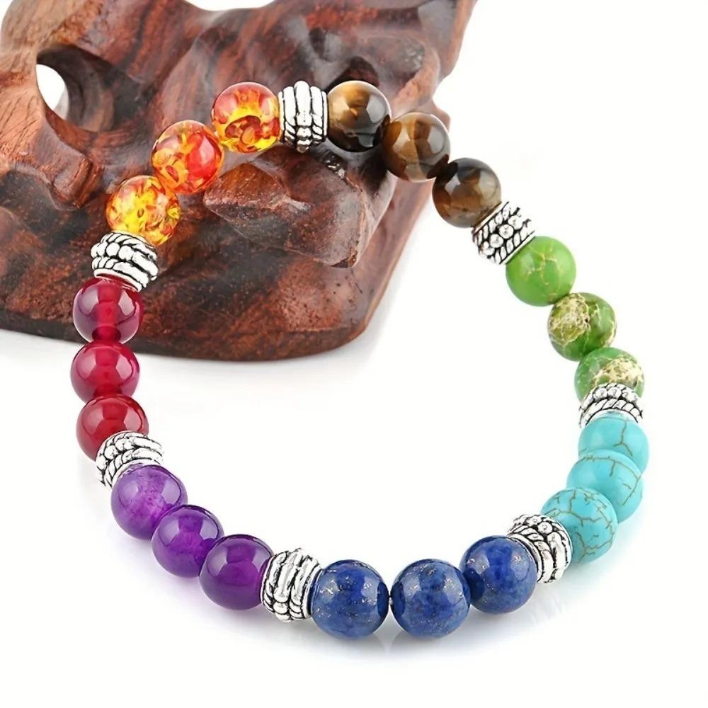 Women's 7 Chakra Gemstone Bead Jewelry Set, Yoga Balancing Necklace and Bracelet, Reiki Healing Crystal, Solid Design