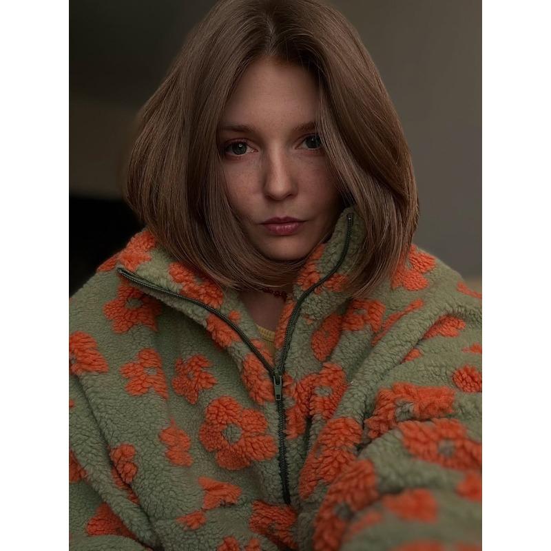 Autumn Winter Women's Sherpa Floral Pullover Hoodies Half Zip Style Loose Fit Warm Stylish Sweatshirt