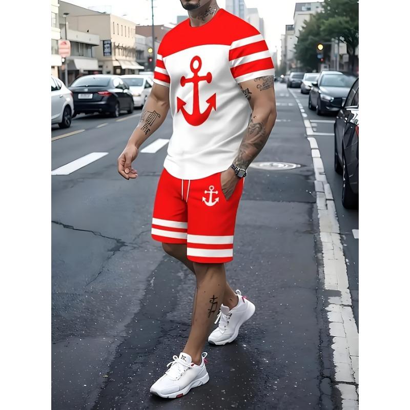 [3D Print T-Shirt Set] 3D Print Men's T-Shirt And Drawstring Shorts Set | Casual And