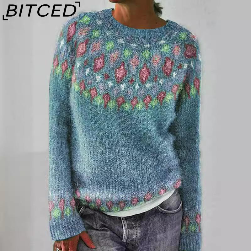 BITCED Women's Sweater - O-Neck Color-Blocked Oversized Fashion Pullover Knit