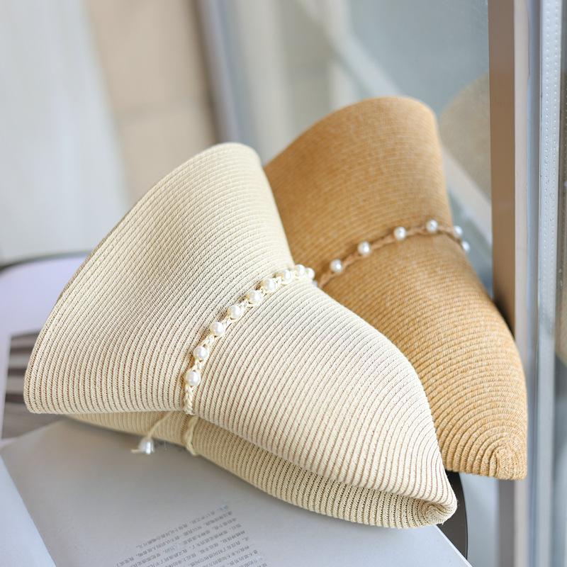 French Pearl Straw Rope Bow Holiday Bucket Hat Elegant Versatile Beach Sun Protection Folding Hat Summer
