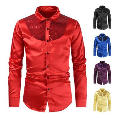 Spring Fall Men Shirt Sequin Smooth Surface Single-breasted Patchwork Turn-down Collar Cardigan Long Sleeves Cosplay Club Dance Party Top