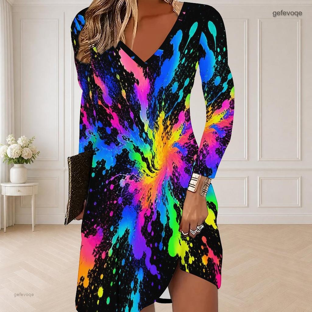 Women Plus Size V Neck Long Sleeve American Flag Printed Curved Hem Dress
